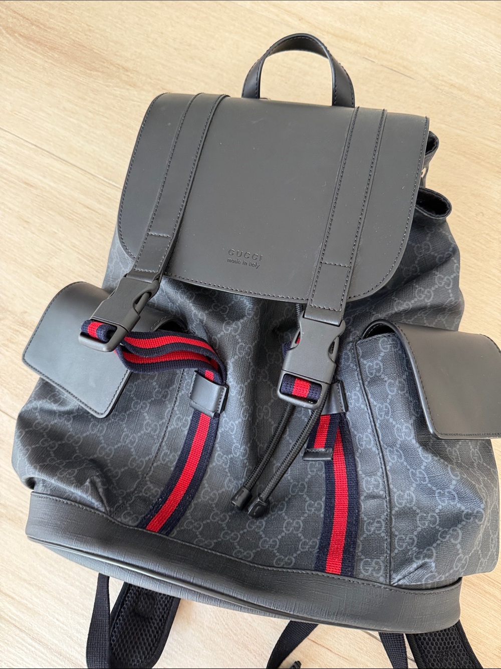 Gucci Black GG Canvas Backpack with Red and Blue Web Straps